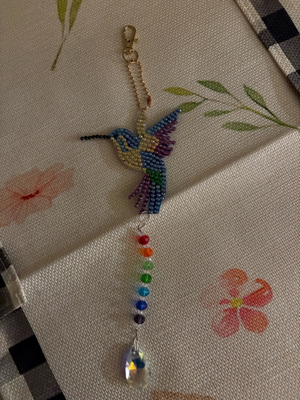 Beaded Hummingbird Charm with Rainbow Crystal Dangles